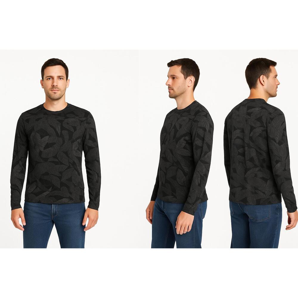 Hang Ten Style Black Long Sleeve Leaf Pattern UV Protect Pullover Sweater Medium